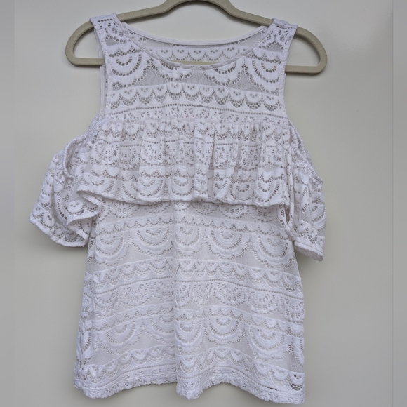 Lilly Pulitzer White Lace Cold Shoulder Ruffle Top Women’s L - Picture 2 of 9